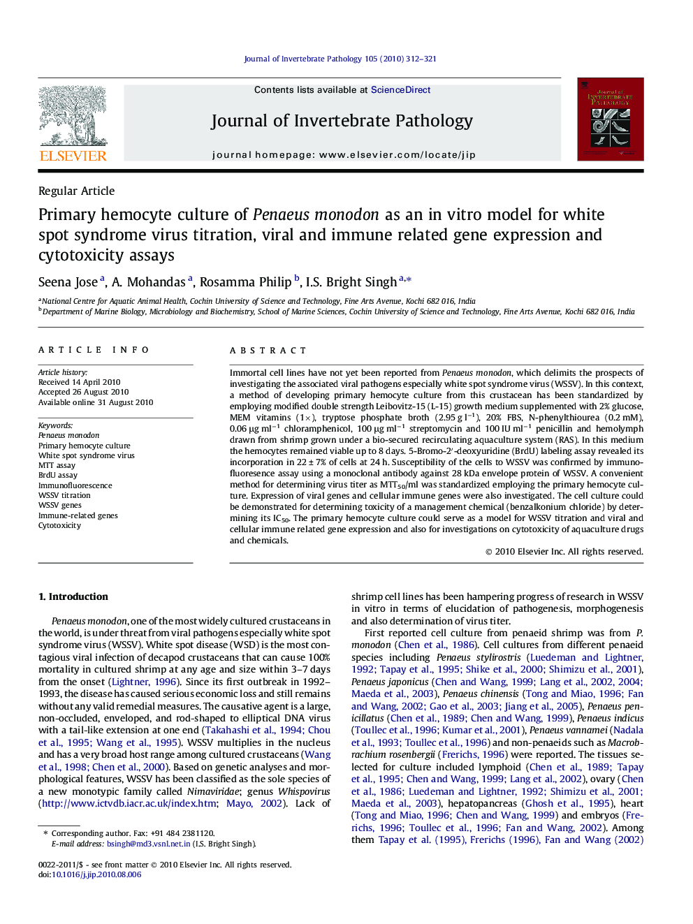 Primary hemocyte culture of Penaeus monodon as an in vitro model for white spot syndrome virus titration, viral and immune related gene expression and cytotoxicity assays