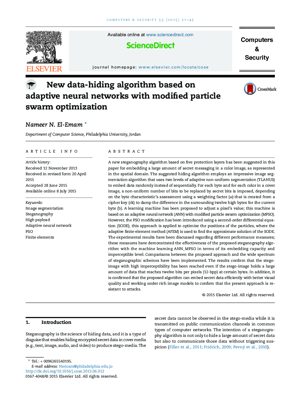New data-hiding algorithm based on adaptive neural networks with modified particle swarm optimization