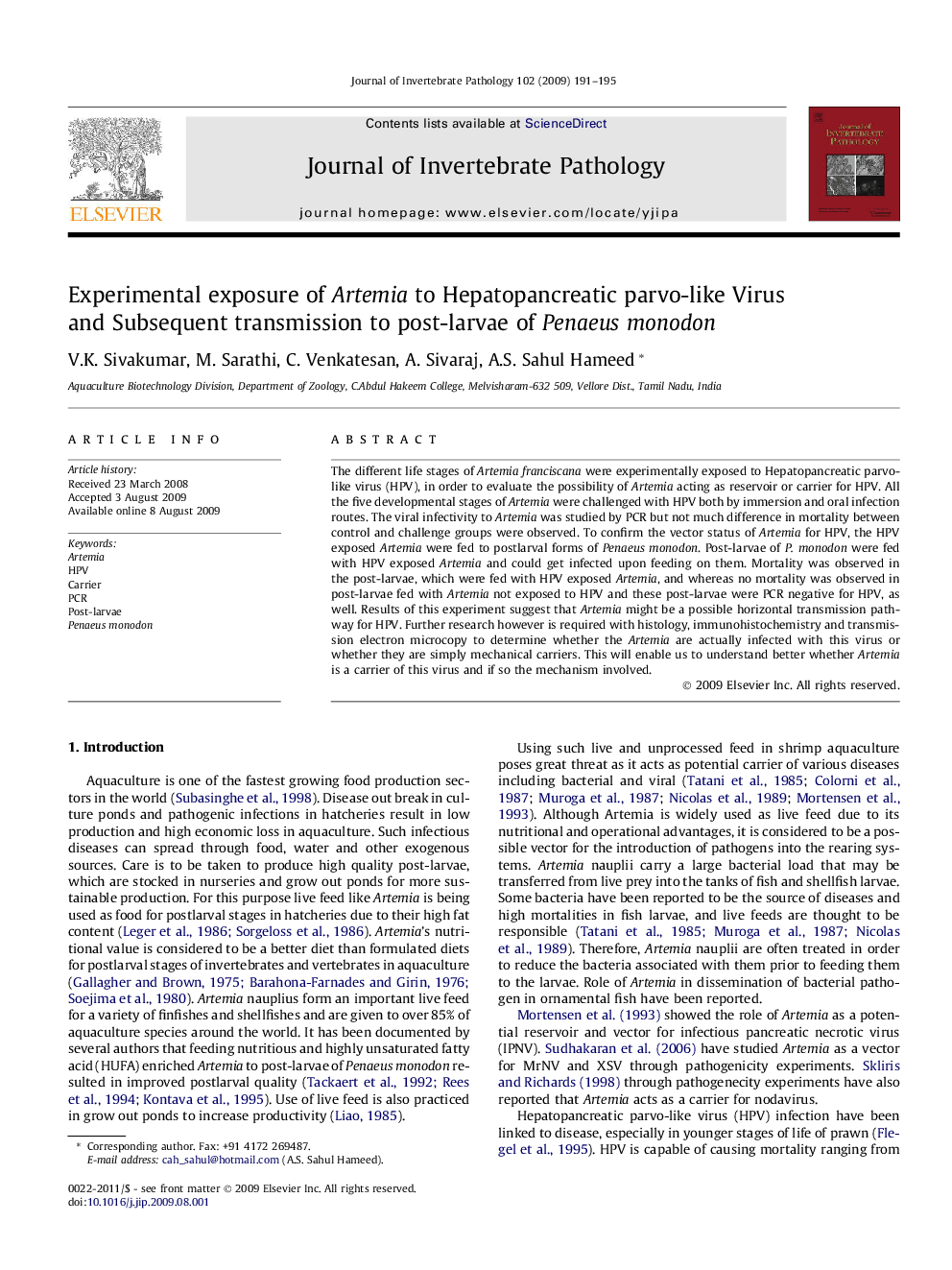 Experimental exposure of Artemia to Hepatopancreatic parvo-like Virus and Subsequent transmission to post-larvae of Penaeus monodon