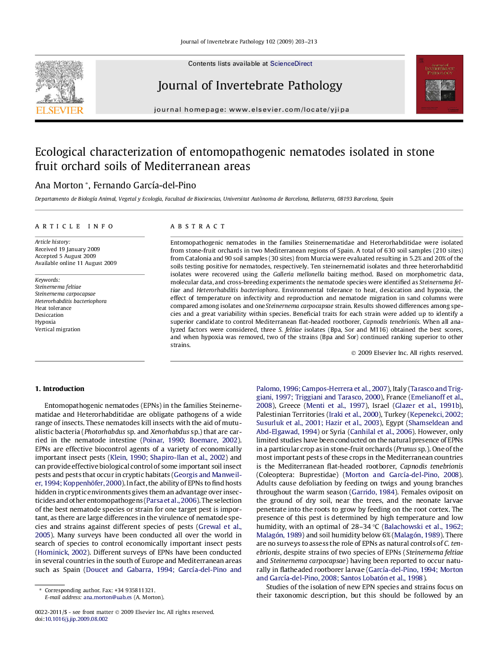 Ecological characterization of entomopathogenic nematodes isolated in stone fruit orchard soils of Mediterranean areas