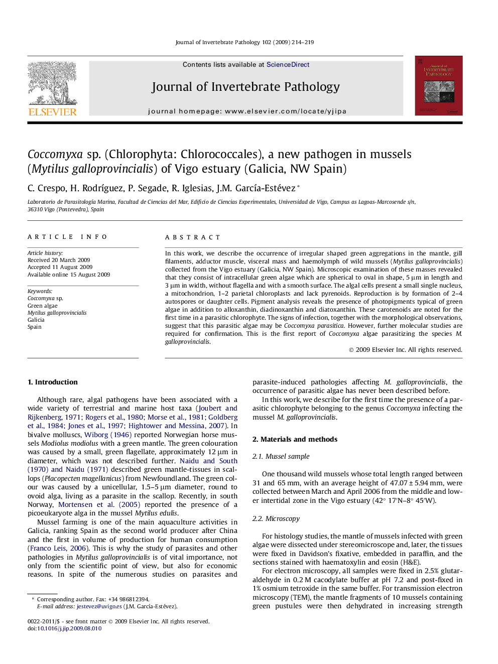 Coccomyxa sp. (Chlorophyta: Chlorococcales), a new pathogen in mussels (Mytilus galloprovincialis) of Vigo estuary (Galicia, NW Spain)