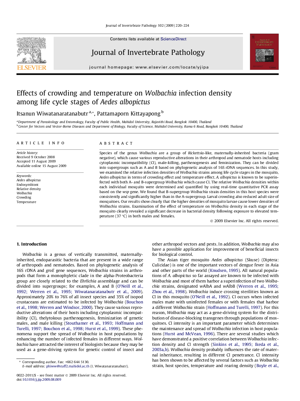 Effects of crowding and temperature on Wolbachia infection density among life cycle stages of Aedes albopictus