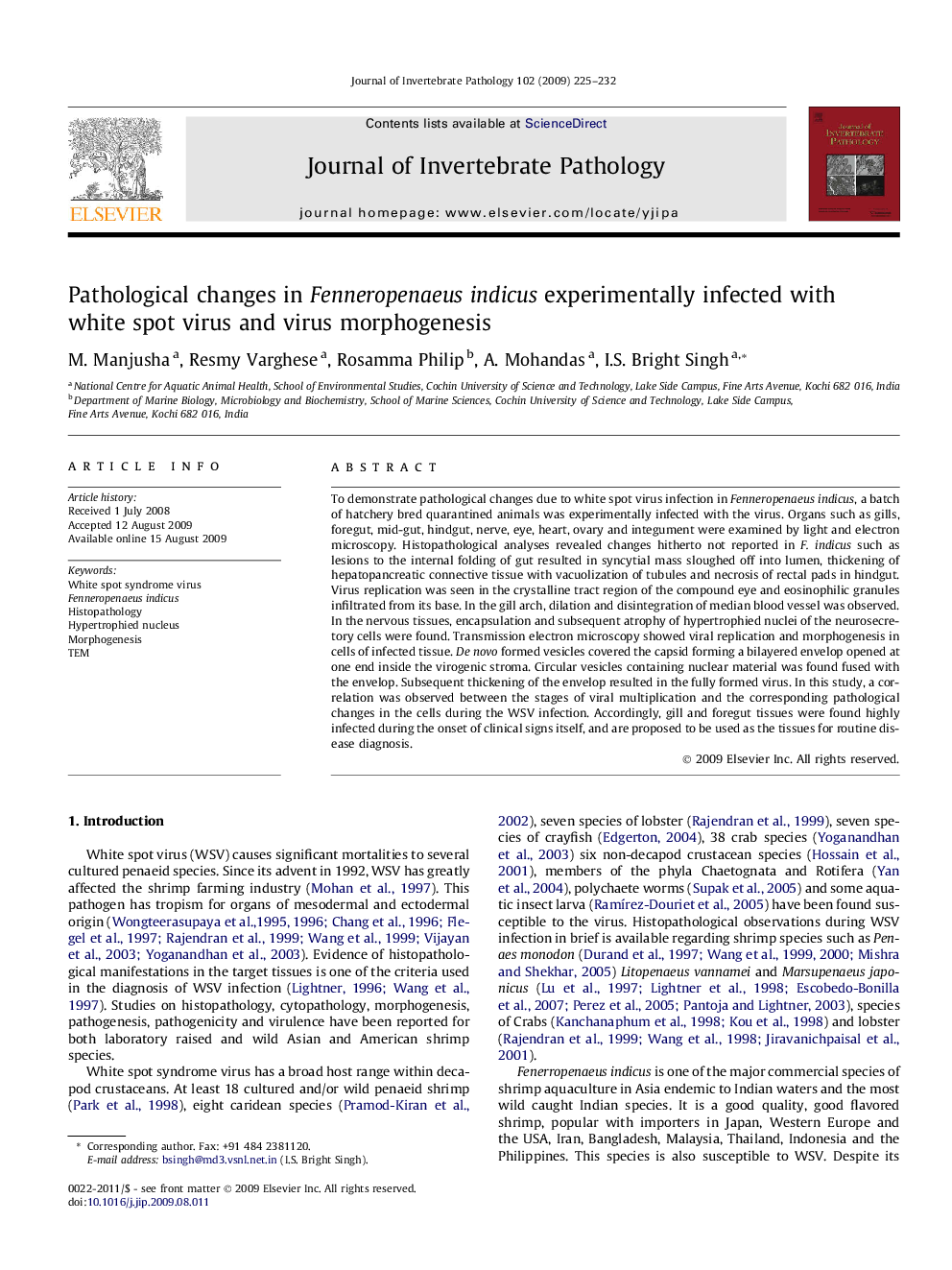 عکس صفحه اول مقاله: Pathological changes in Fenneropenaeus indicus experimentally infected with white spot virus and virus morphogenesis Pathological changes in Fenneropenaeus indicus experimentally infected with white spot virus and virus morphogenesis