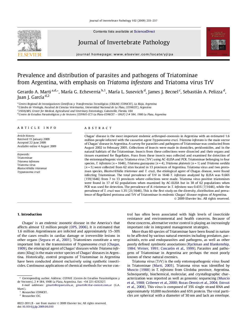 عکس صفحه اول مقاله: Prevalence and distribution of parasites and pathogens of Triatominae from Argentina, with emphasis on Triatoma infestans and Triatoma virus TrV Prevalence and distribution of parasites and pathogens of Triatominae from Argentina, with emphasis on Triatoma infestans and Triatoma virus TrV