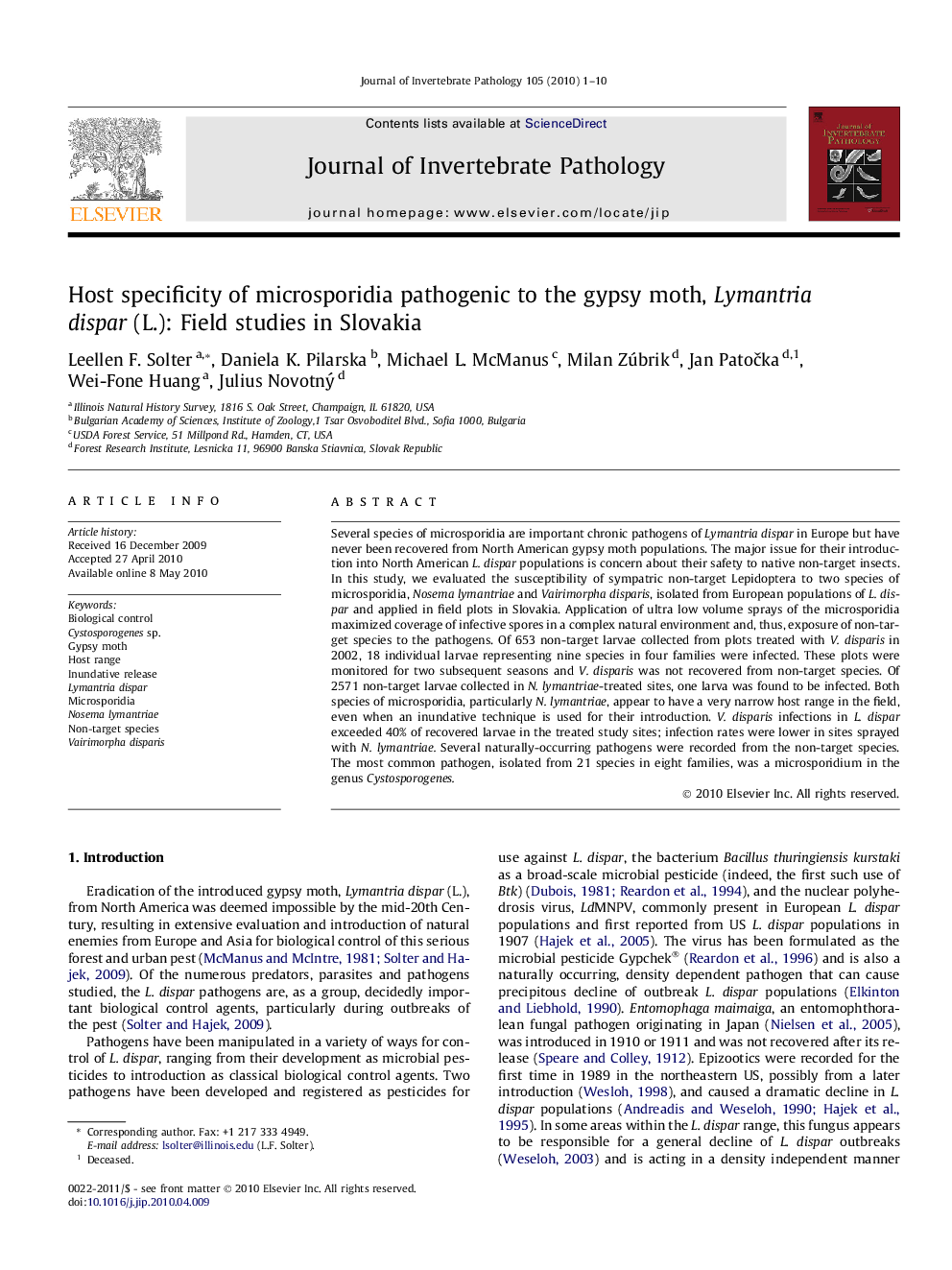 Host specificity of microsporidia pathogenic to the gypsy moth, Lymantria dispar (L.): Field studies in Slovakia