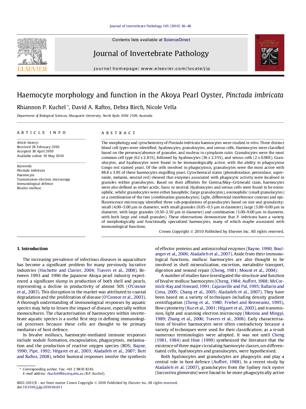 Haemocyte morphology and function in the Akoya Pearl Oyster, Pinctada imbricata
