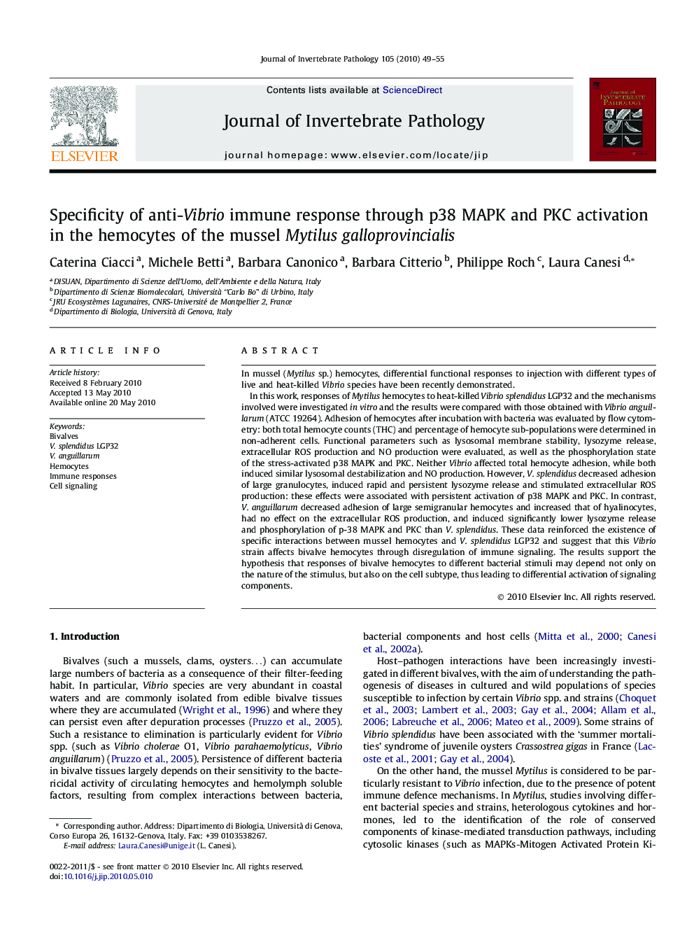 Specificity of anti-Vibrio immune response through p38 MAPK and PKC activation in the hemocytes of the mussel Mytilusgalloprovincialis