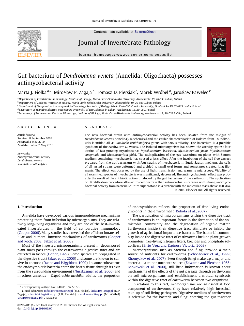 Gut bacterium of Dendrobaena veneta (Annelida: Oligochaeta) possesses antimycobacterial activity