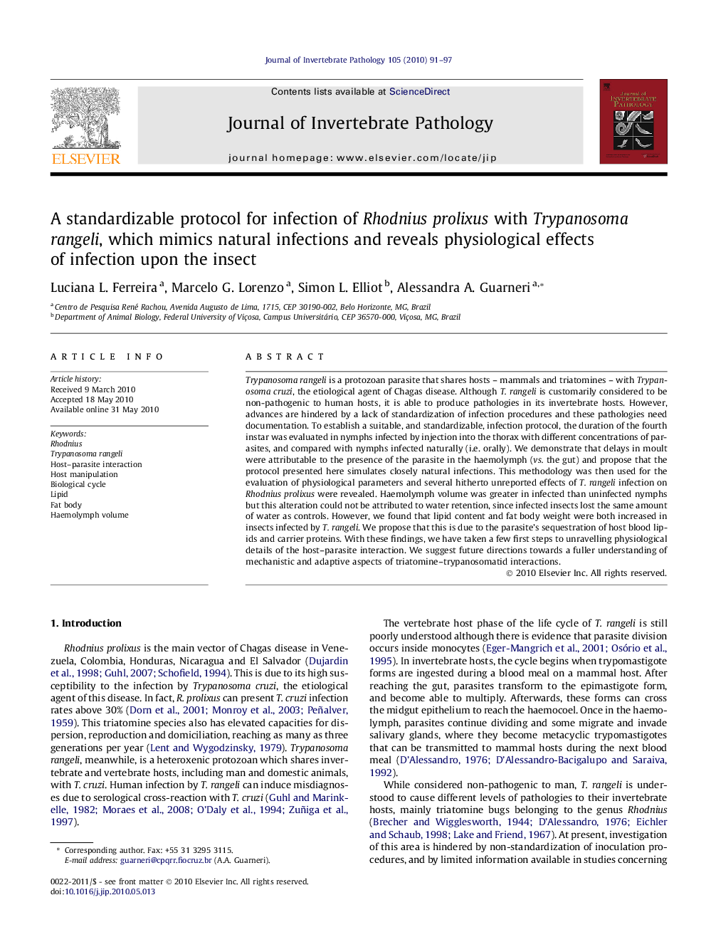 A standardizable protocol for infection of Rhodnius prolixus with Trypanosoma rangeli, which mimics natural infections and reveals physiological effects of infection upon the insect