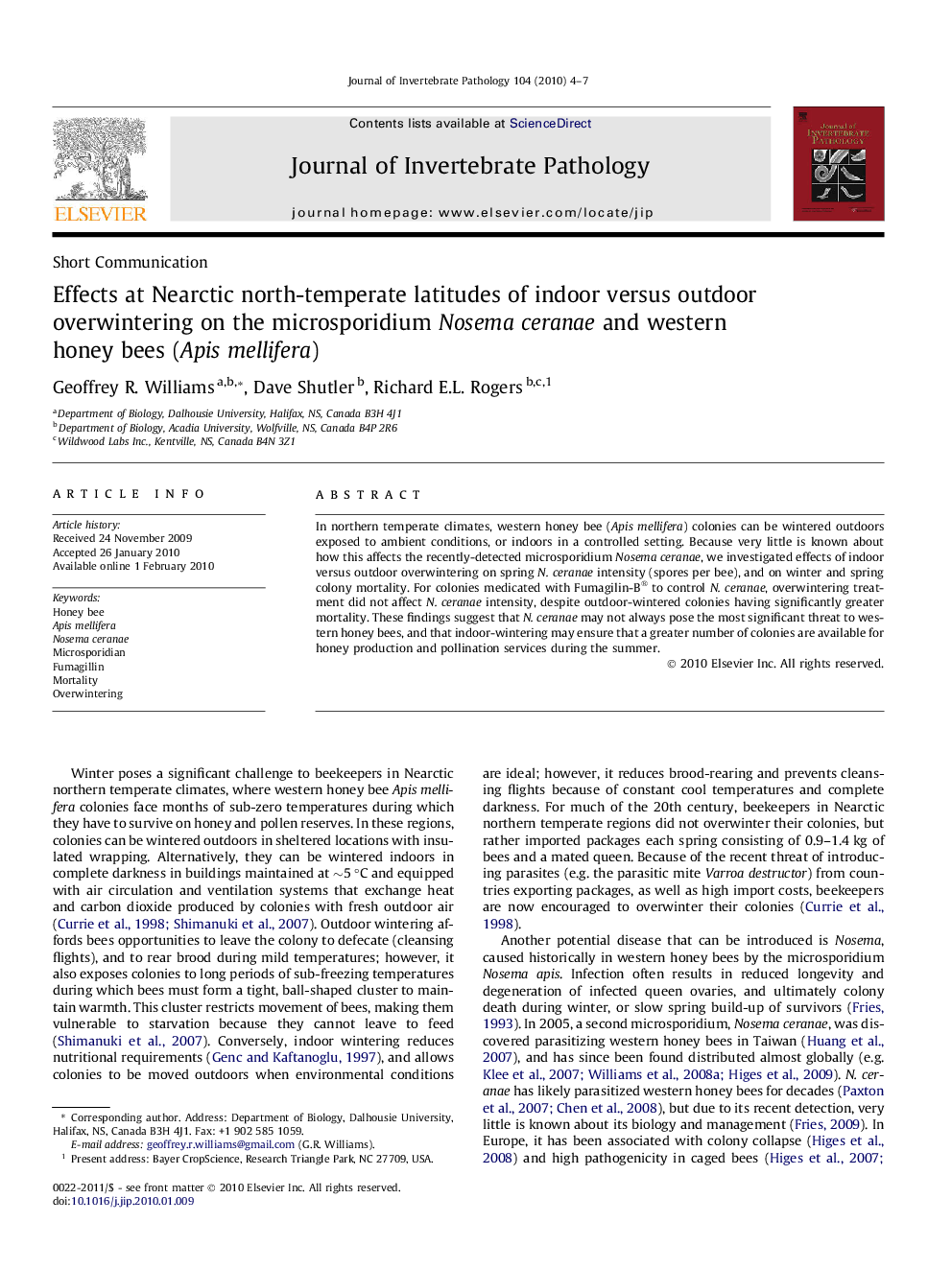 Effects at Nearctic north-temperate latitudes of indoor versus outdoor overwintering on the microsporidium Nosema ceranae and western honey bees (Apis mellifera)