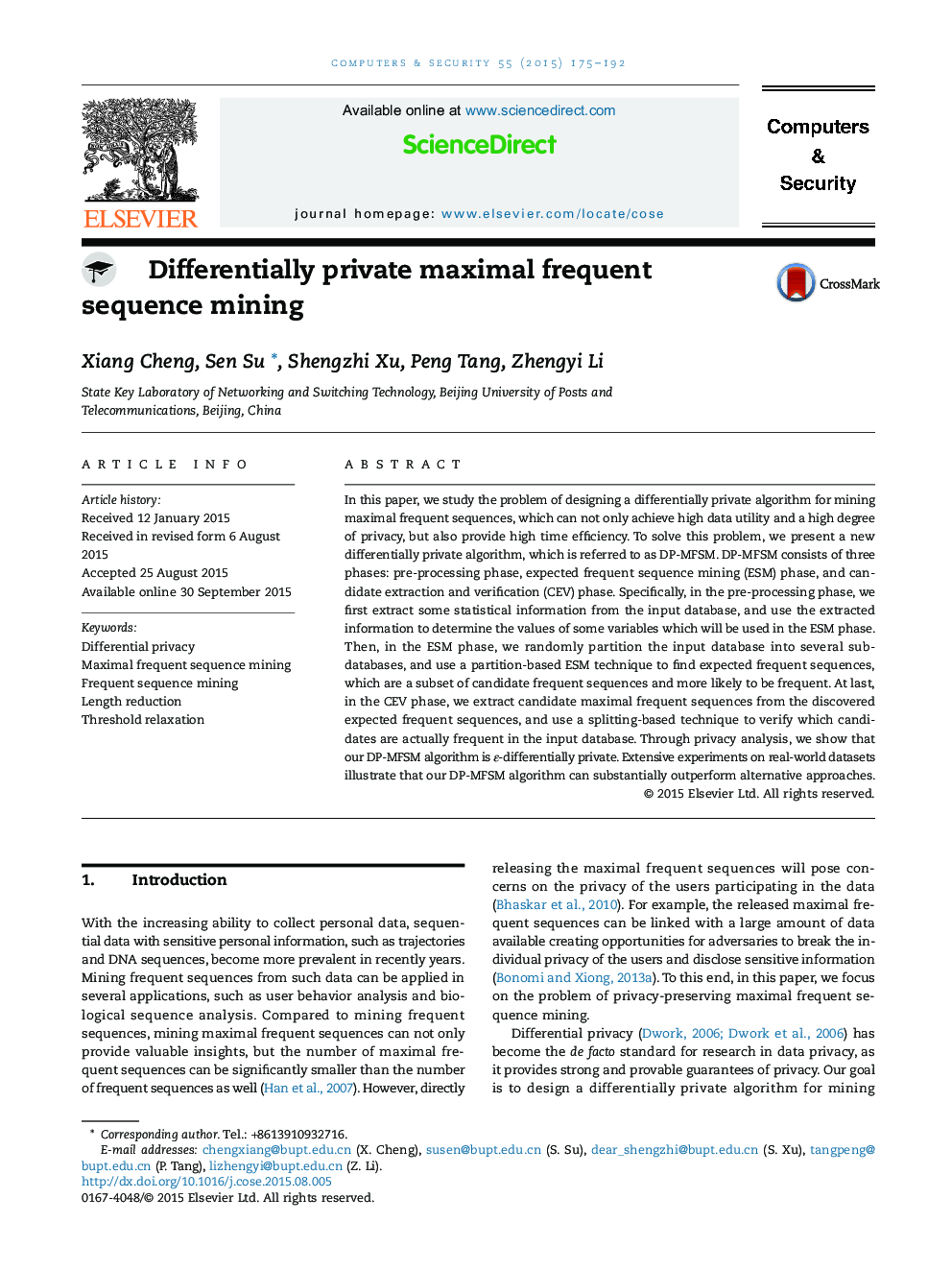 Differentially private maximal frequent sequence mining