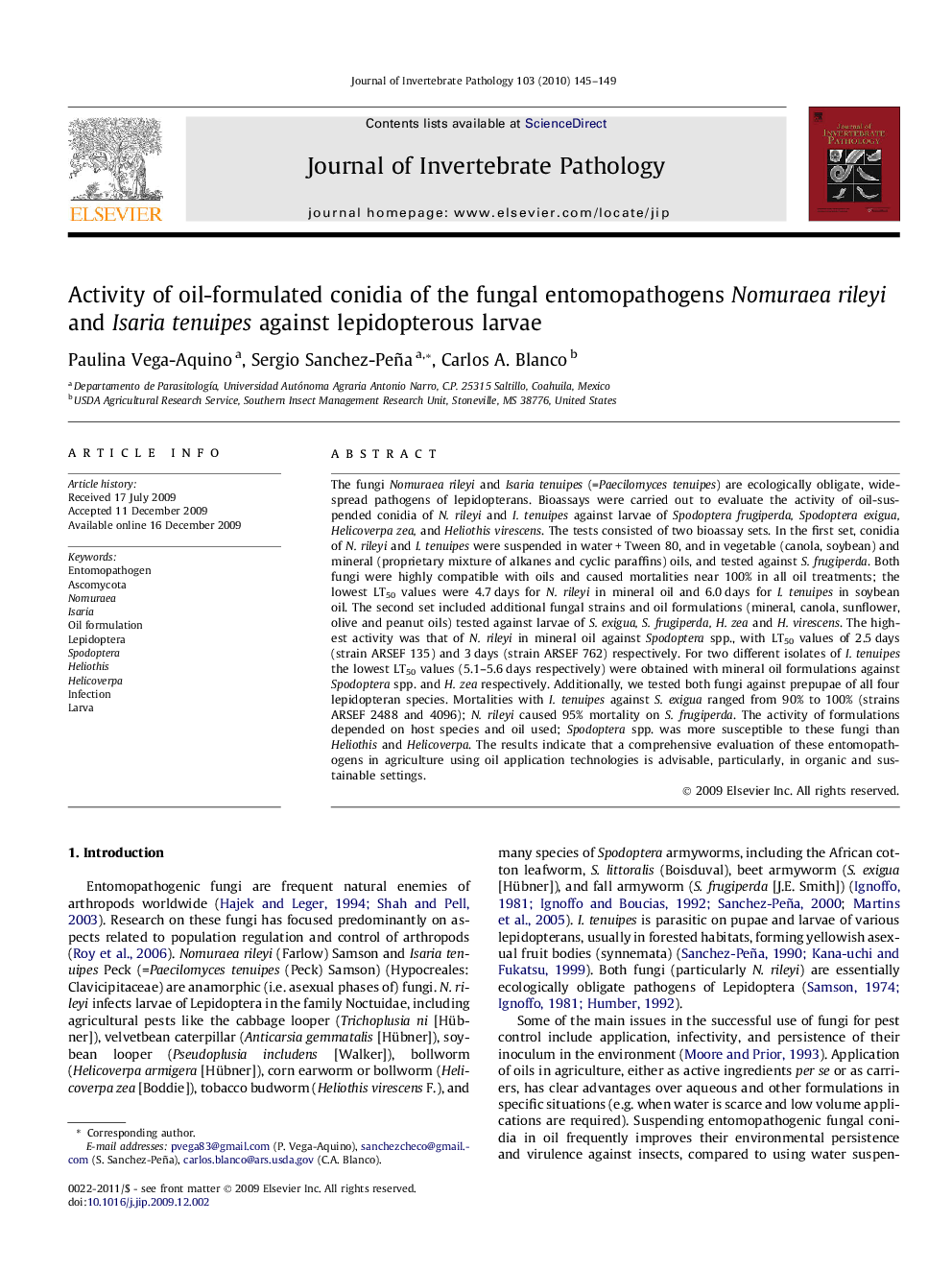 Activity of oil-formulated conidia of the fungal entomopathogens Nomuraea rileyi and Isaria tenuipes against lepidopterous larvae