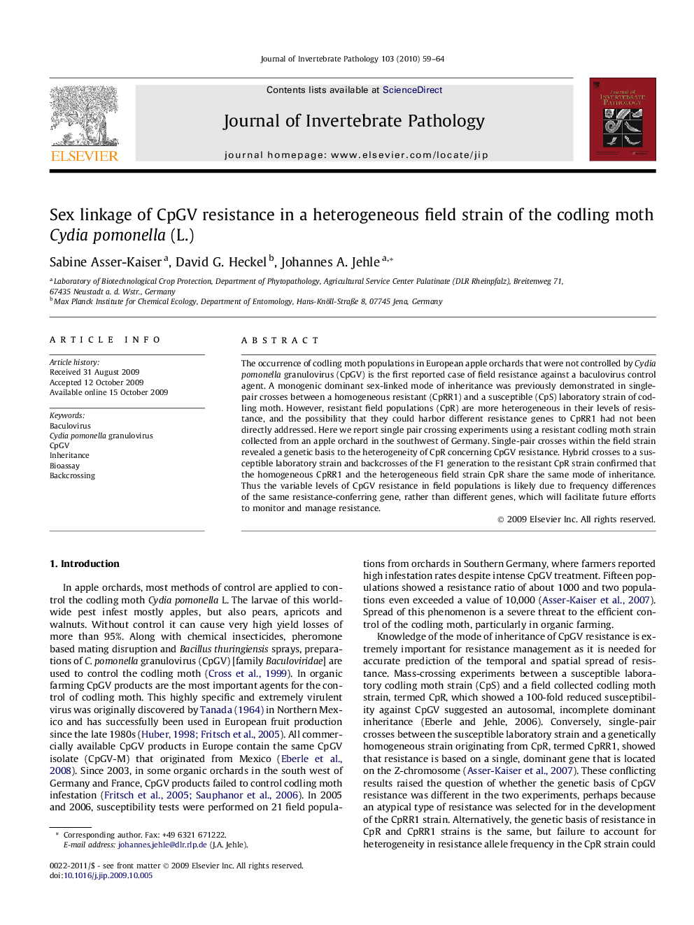 Sex linkage of CpGV resistance in a heterogeneous field strain of the codling moth Cydia pomonella (L.)