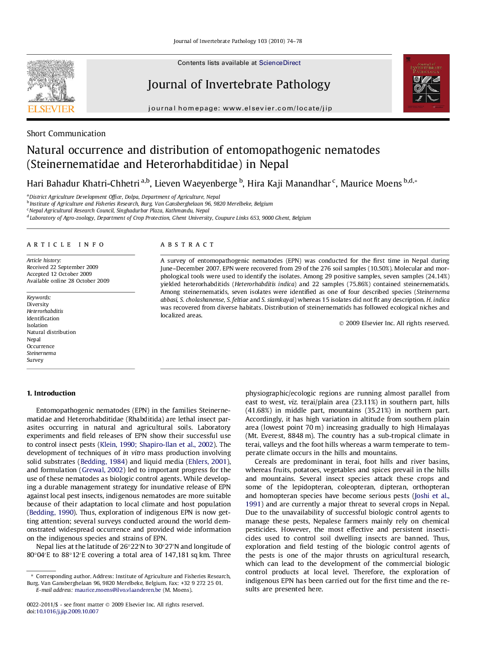 Natural occurrence and distribution of entomopathogenic nematodes (Steinernematidae and Heterorhabditidae) in Nepal