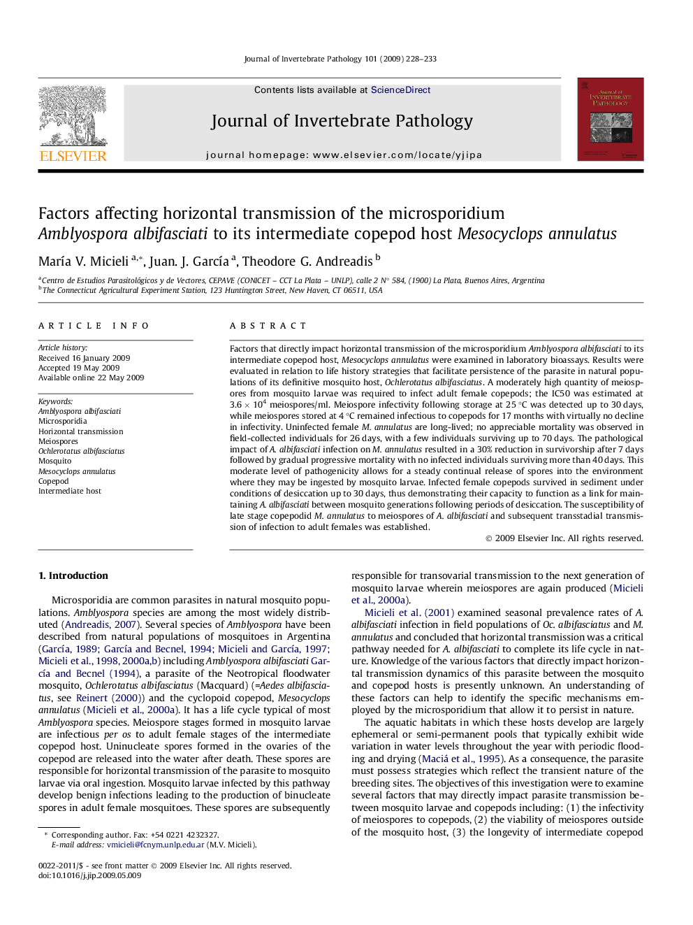 Factors affecting horizontal transmission of the microsporidium Amblyospora albifasciati to its intermediate copepod host Mesocyclops annulatus