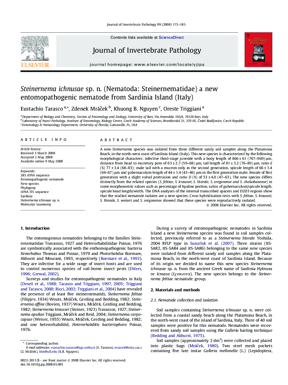 Steinernema ichnusae sp. n. (Nematoda: Steinernematidae) a new entomopathogenic nematode from Sardinia Island (Italy)