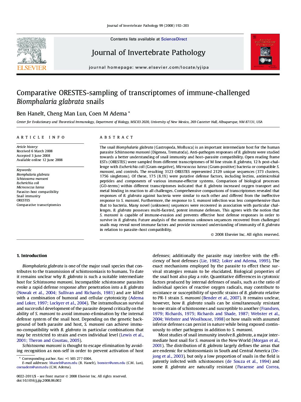 Comparative ORESTES-sampling of transcriptomes of immune-challenged Biomphalaria glabrata snails