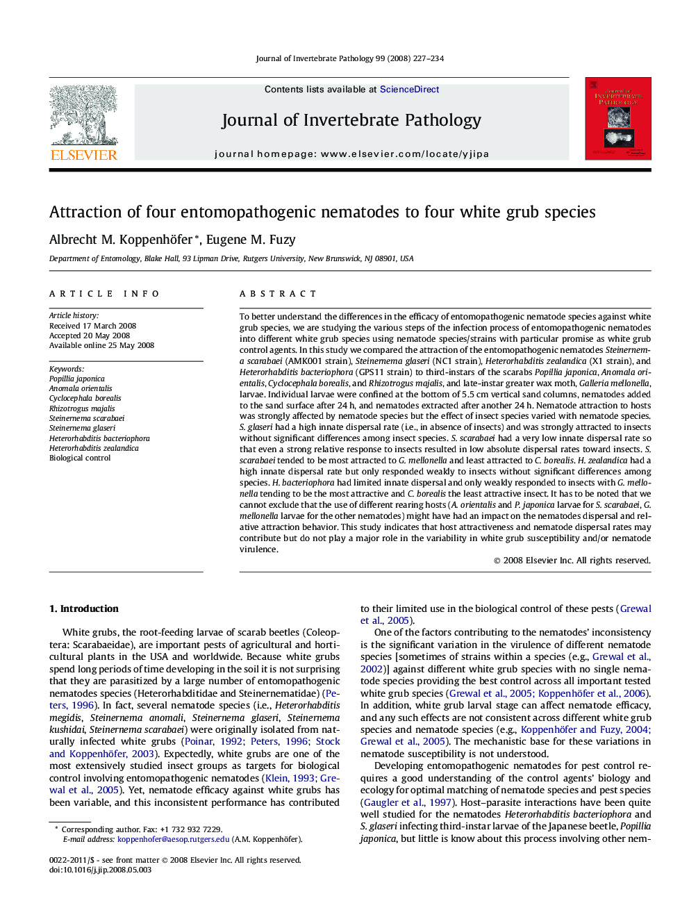 Attraction of four entomopathogenic nematodes to four white grub species