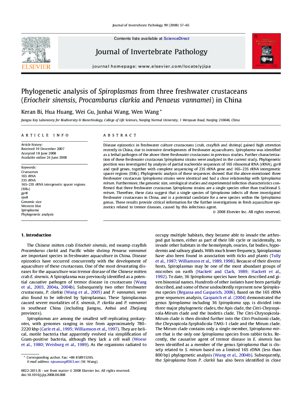 Phylogenetic analysis of Spiroplasmas from three freshwater crustaceans (Eriocheir sinensis, Procambarus clarkia and Penaeus vannamei) in China