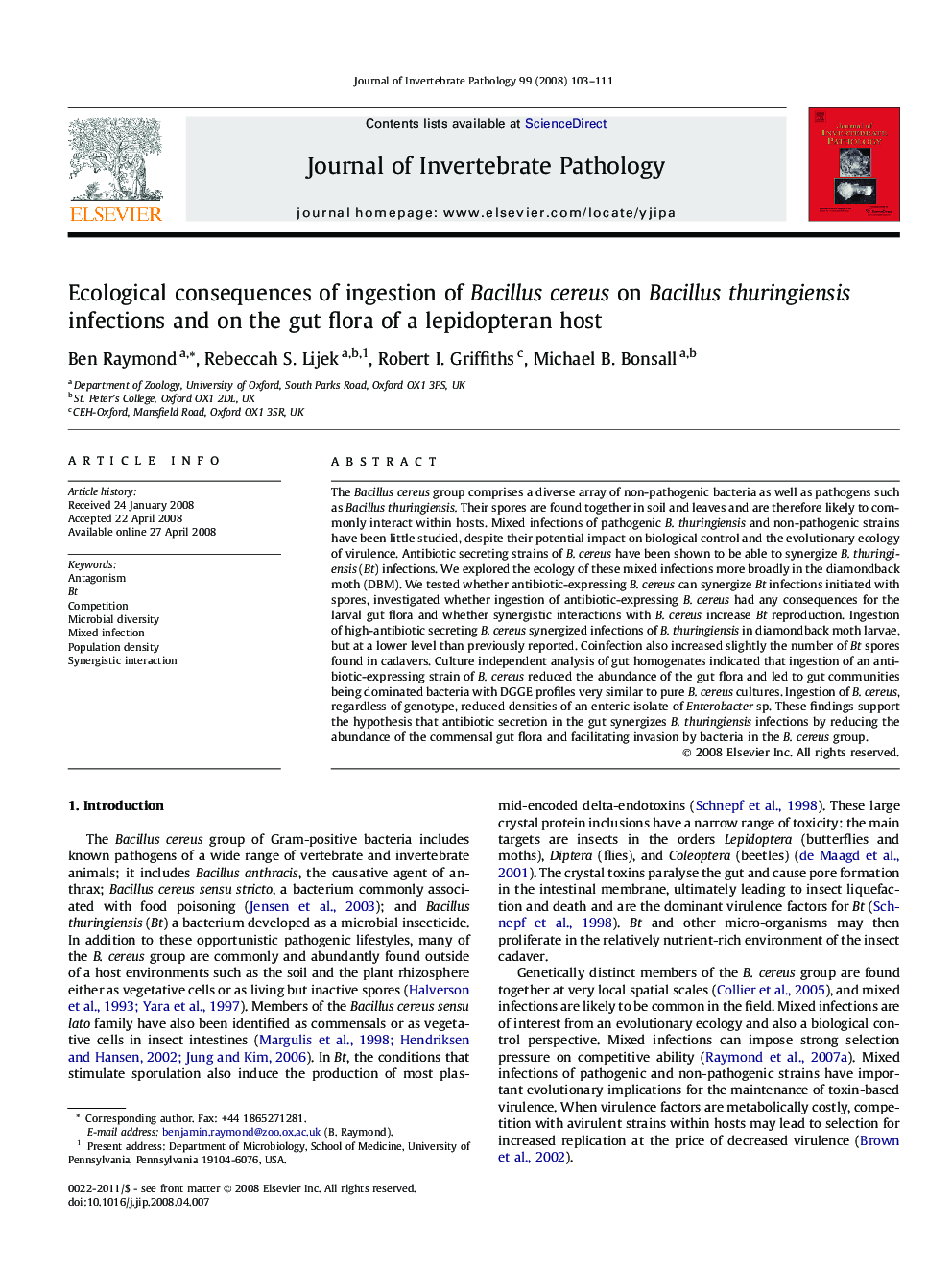 Ecological consequences of ingestion of Bacillus cereus on Bacillus thuringiensis infections and on the gut flora of a lepidopteran host