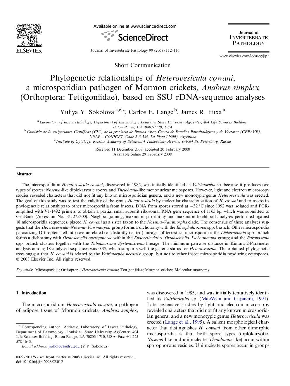 Phylogenetic relationships of Heterovesicula cowani, a microsporidian pathogen of Mormon crickets, Anabrus simplex (Orthoptera: Tettigoniidae), based on SSU rDNA-sequence analyses