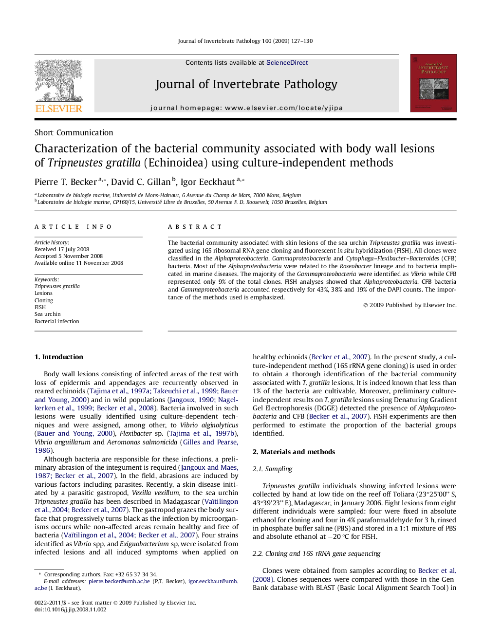 Characterization of the bacterial community associated with body wall lesions of Tripneustes gratilla (Echinoidea) using culture-independent methods