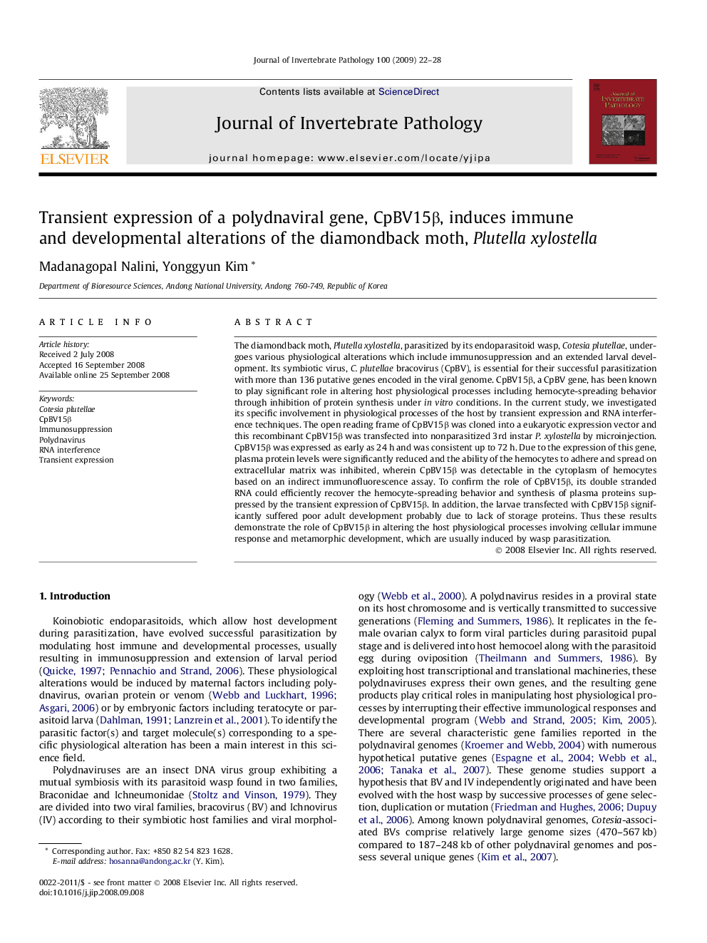 Transient expression of a polydnaviral gene, CpBV15Î², induces immune and developmental alterations of the diamondback moth, Plutella xylostella