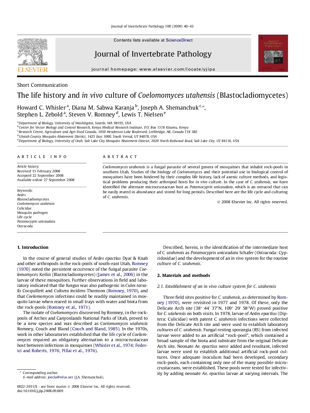 The life history and in vivo culture of Coelomomyces utahensis (Blastocladiomycetes)