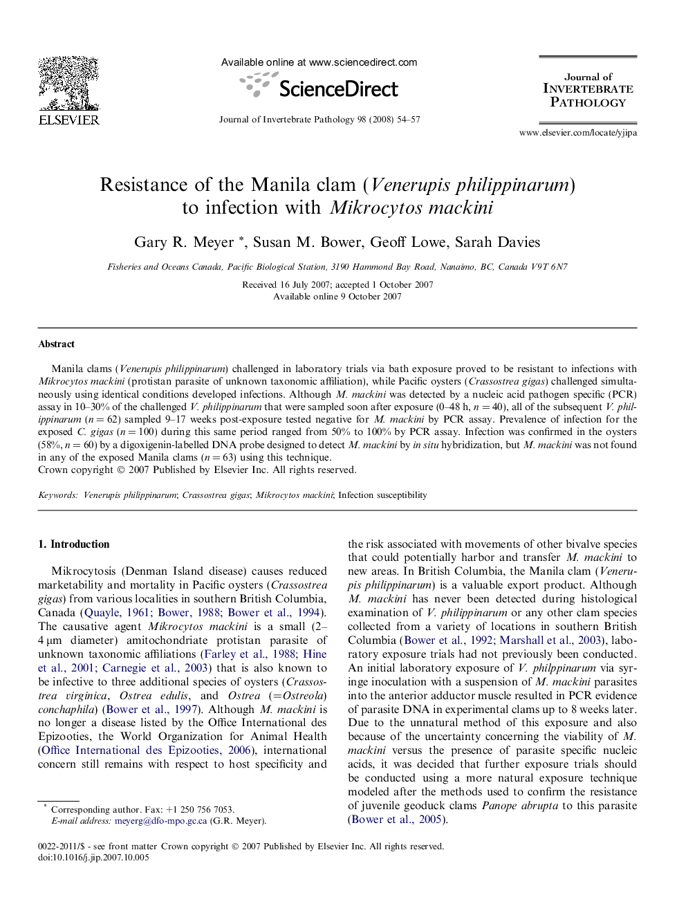 Resistance of the Manila clam (Venerupis philippinarum) to infection with Mikrocytos mackini