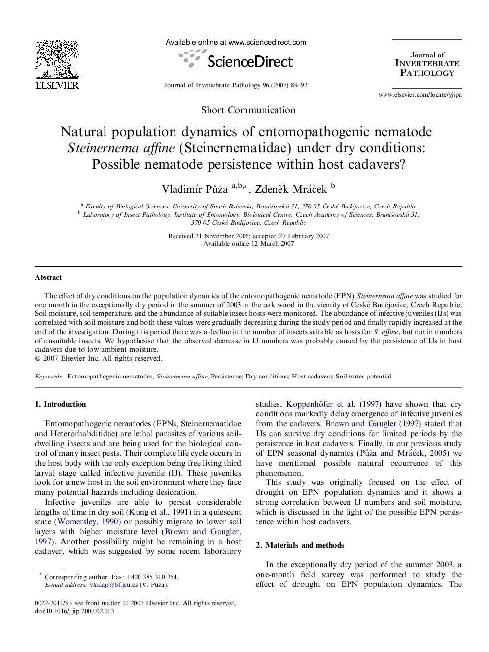 Natural population dynamics of entomopathogenic nematode Steinernema affine (Steinernematidae) under dry conditions: Possible nematode persistence within host cadavers?