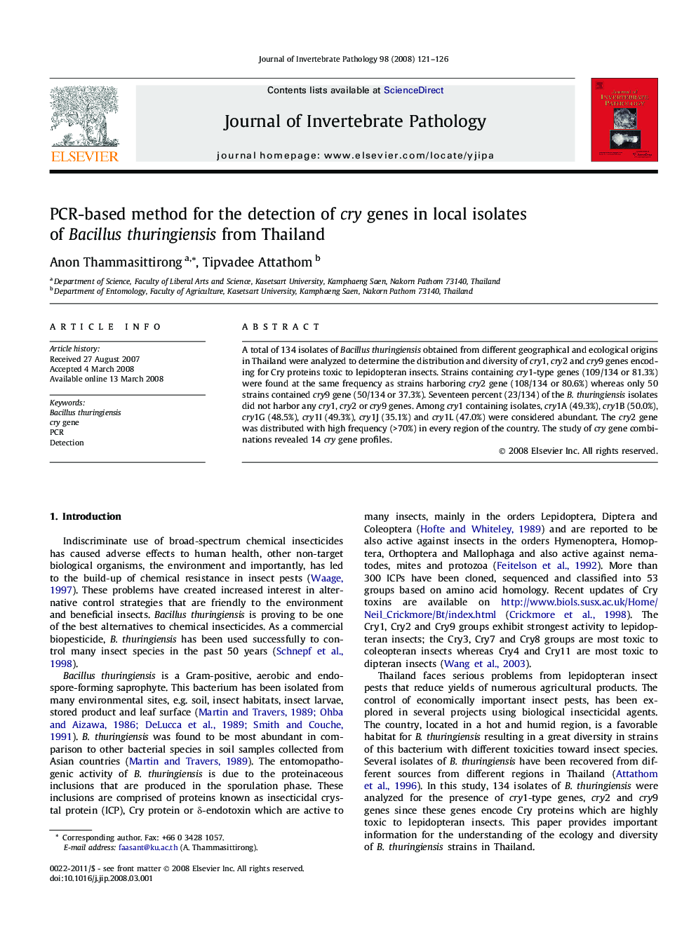 PCR-based method for the detection of cry genes in local isolates of Bacillus thuringiensis from Thailand