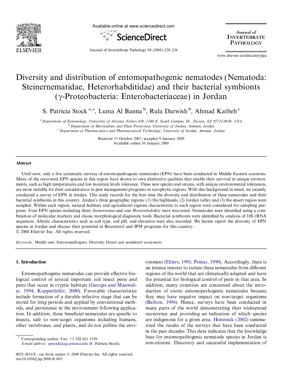 Diversity and distribution of entomopathogenic nematodes (Nematoda: Steinernematidae, Heterorhabditidae) and their bacterial symbionts (γ-Proteobacteria: Enterobacteriaceae) in Jordan