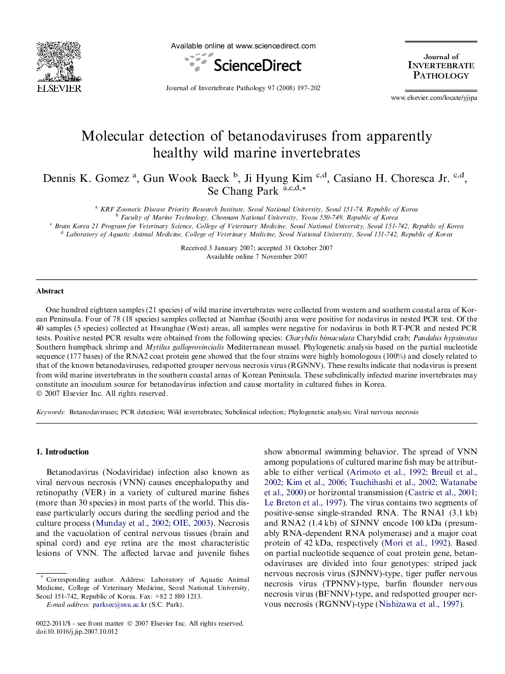 Molecular detection of betanodaviruses from apparently healthy wild marine invertebrates