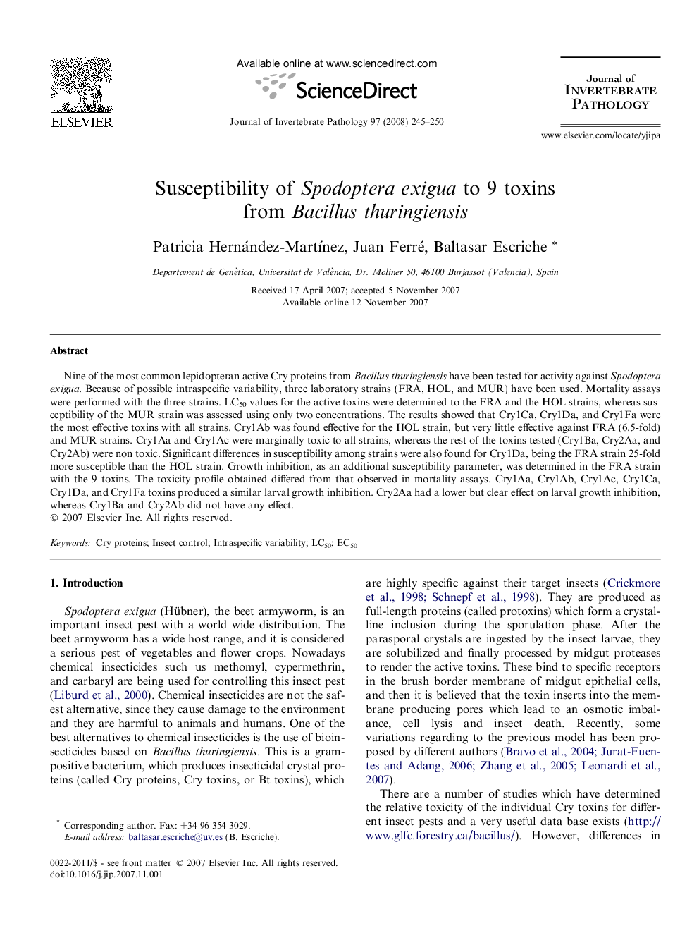 Susceptibility of Spodoptera exigua to 9 toxins from Bacillus thuringiensis