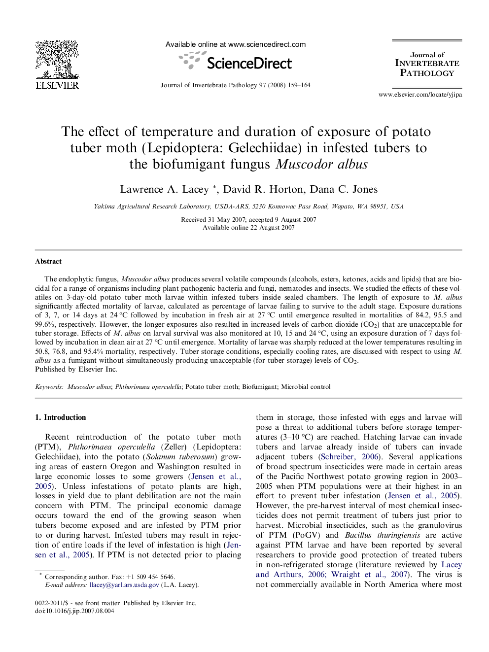 The effect of temperature and duration of exposure of potato tuber moth (Lepidoptera: Gelechiidae) in infested tubers to the biofumigant fungus Muscodor albus