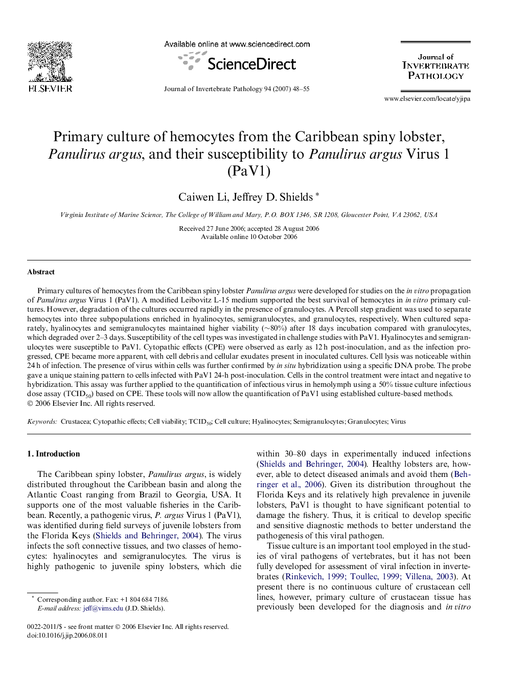 Primary culture of hemocytes from the Caribbean spiny lobster, Panulirus argus, and their susceptibility to Panulirus argus Virus 1 (PaV1)