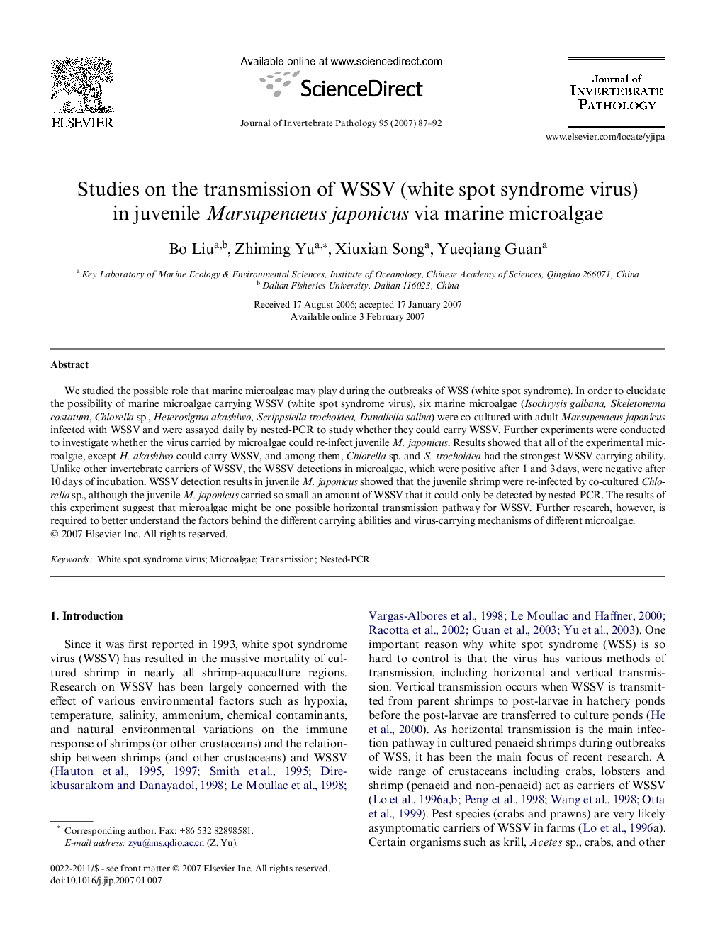 عکس صفحه اول مقاله: Studies on the transmission of WSSV (white spot syndrome virus) in juvenile Marsupenaeus japonicus via marine microalgae Studies on the transmission of WSSV (white spot syndrome virus) in juvenile Marsupenaeus japonicus via marine microalgae
