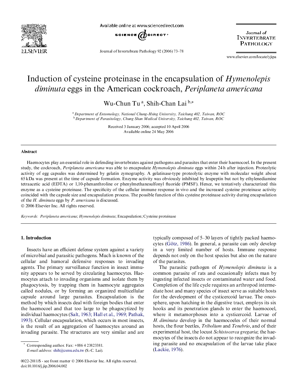 Induction of cysteine proteinase in the encapsulation of Hymenolepis diminuta eggs in the American cockroach, Periplaneta americana