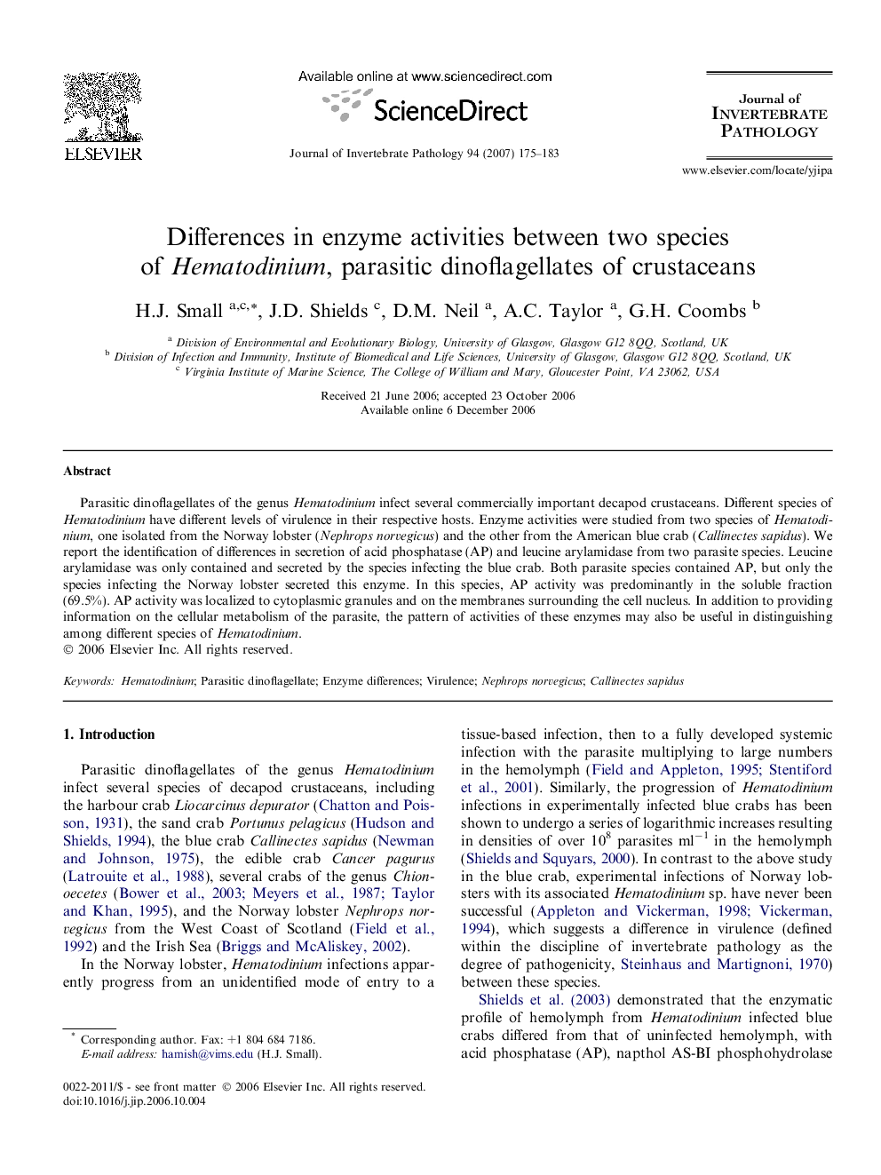 Differences in enzyme activities between two species of Hematodinium, parasitic dinoflagellates of crustaceans