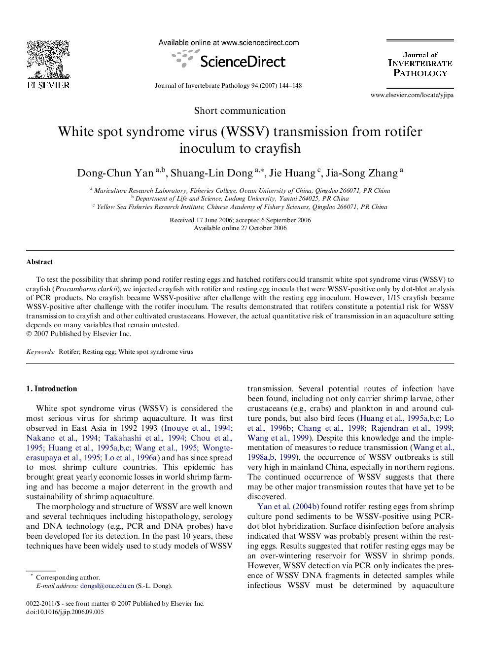 White spot syndrome virus (WSSV) transmission from rotifer inoculum to crayfish