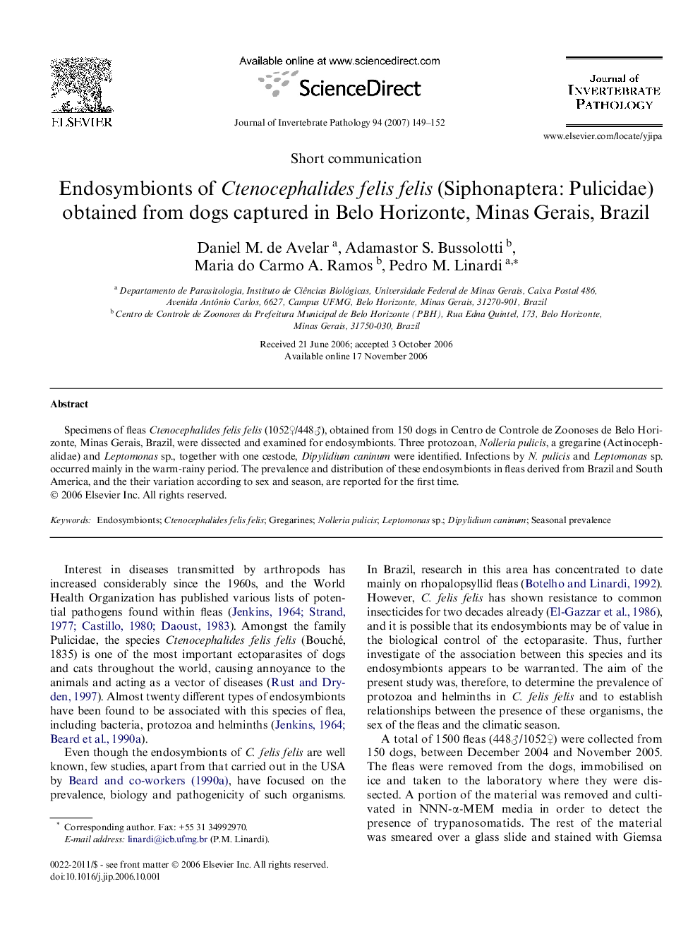 Endosymbionts of Ctenocephalides felis felis (Siphonaptera: Pulicidae) obtained from dogs captured in Belo Horizonte, Minas Gerais, Brazil