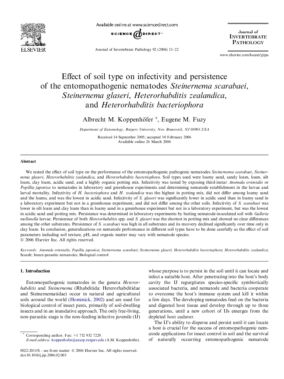 Effect of soil type on infectivity and persistence of the entomopathogenic nematodes Steinernema scarabaei, Steinernema glaseri, Heterorhabditis zealandica, and Heterorhabditis bacteriophora