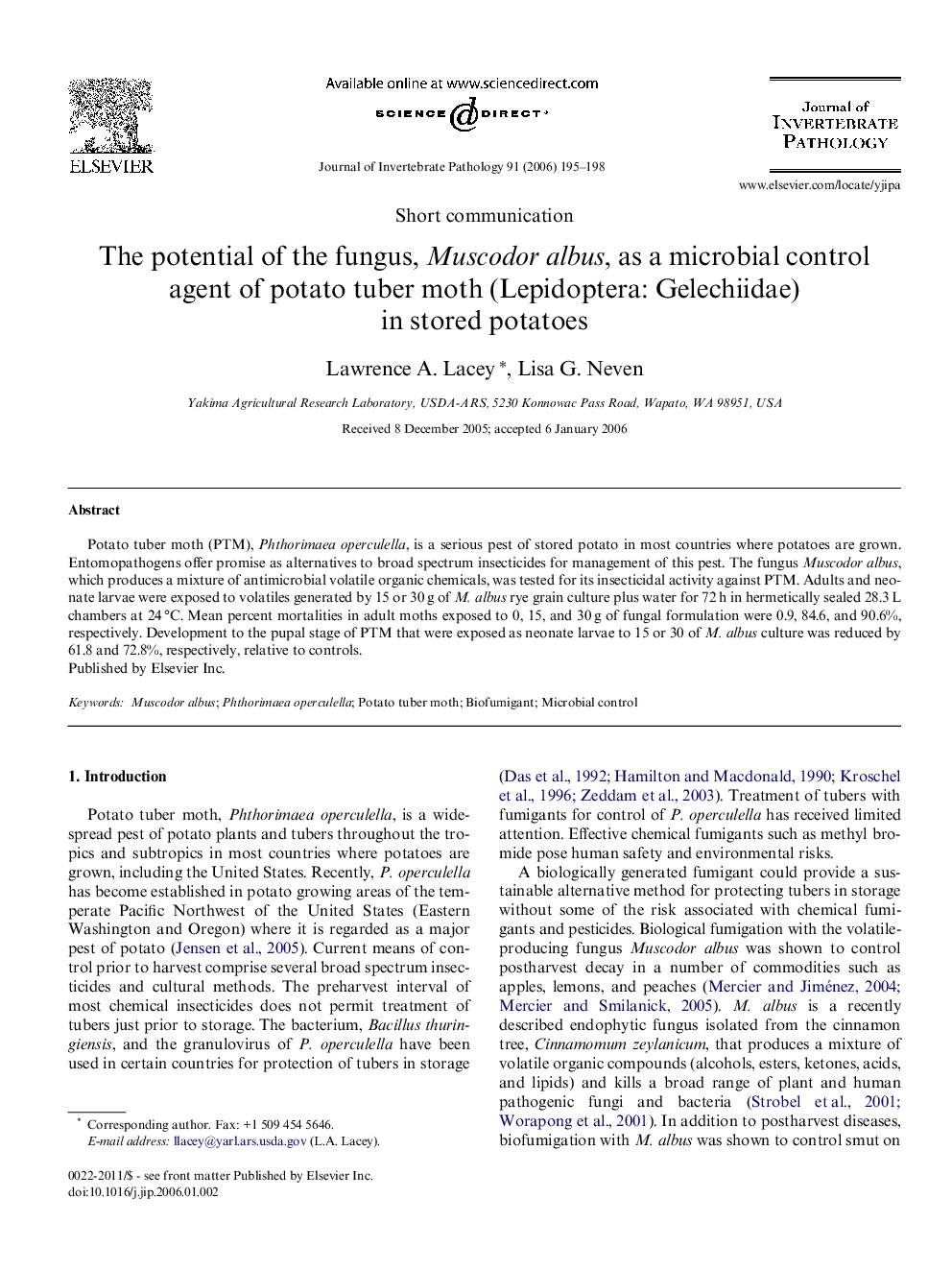 The potential of the fungus, Muscodor albus, as a microbial control agent of potato tuber moth (Lepidoptera: Gelechiidae) in stored potatoes