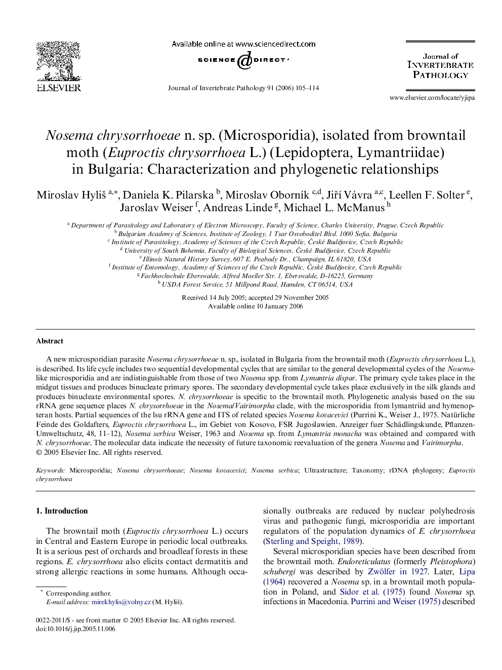 Nosema chrysorrhoeae n. sp. (Microsporidia), isolated from browntail moth (Euproctis chrysorrhoea L.) (Lepidoptera, Lymantriidae) in Bulgaria: Characterization and phylogenetic relationships