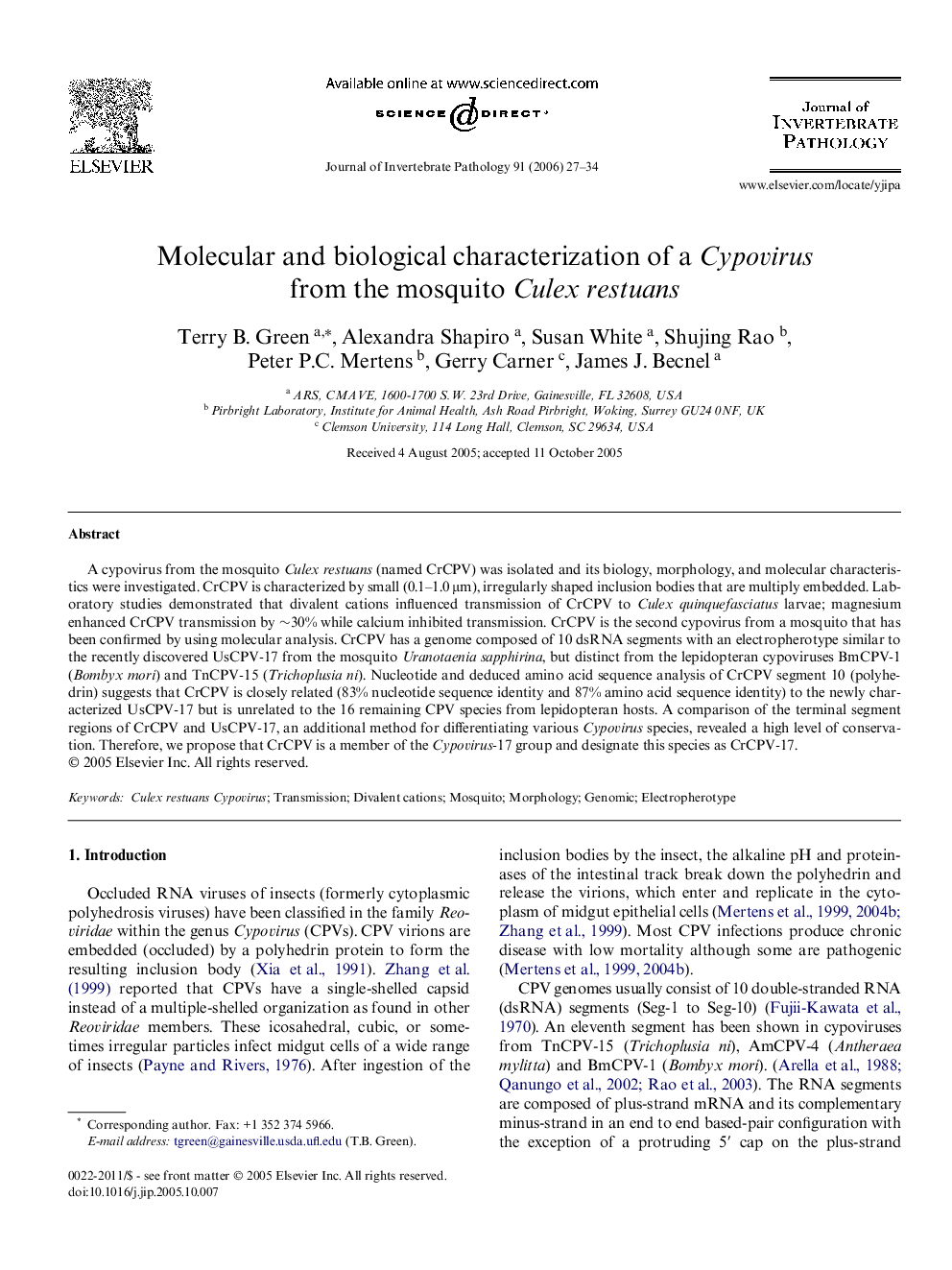 Molecular and biological characterization of a Cypovirus from the mosquito Culex restuans