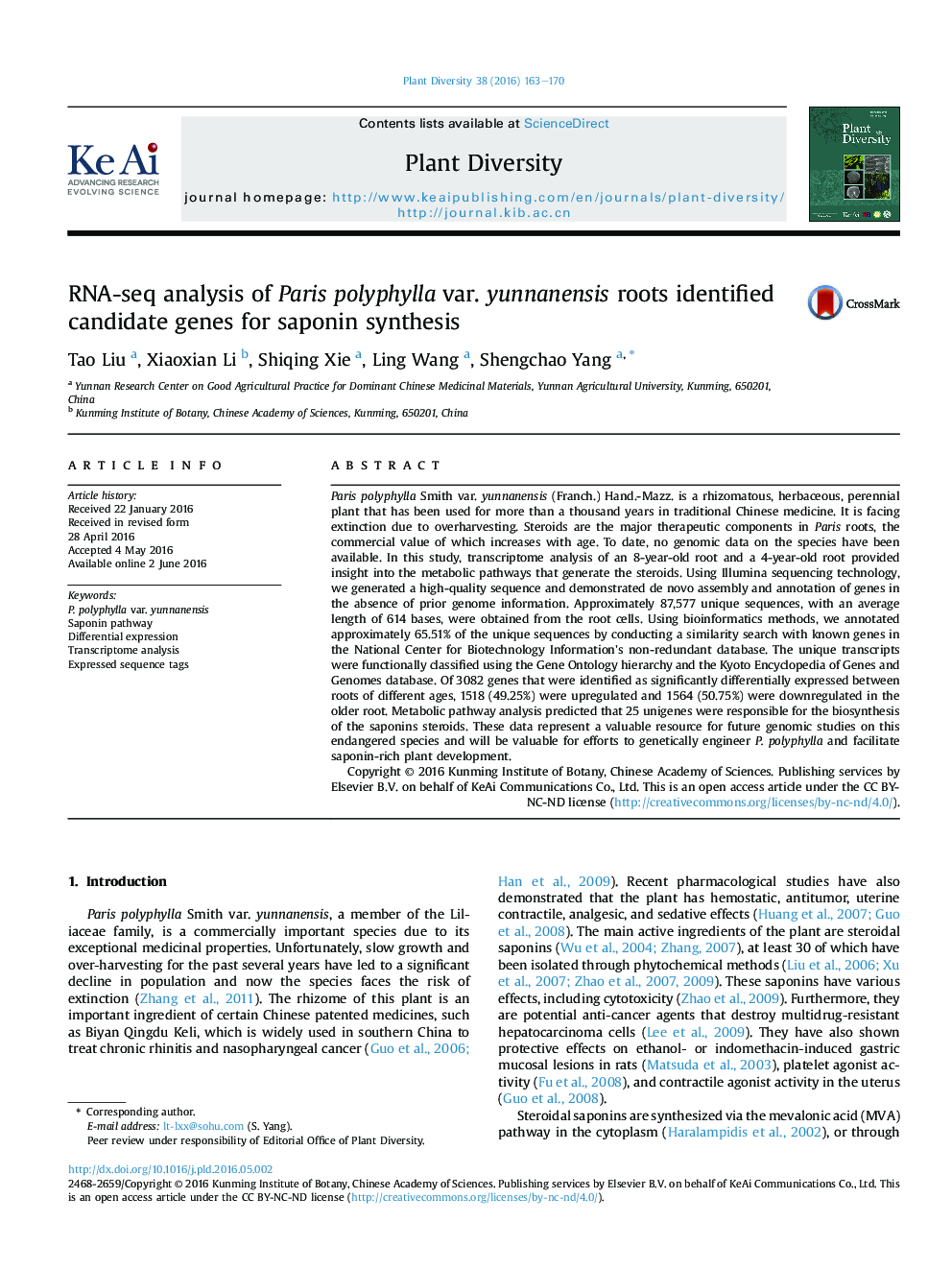 RNA-seq analysis of Paris polyphylla var. yunnanensis roots identified candidate genes for saponin synthesis 