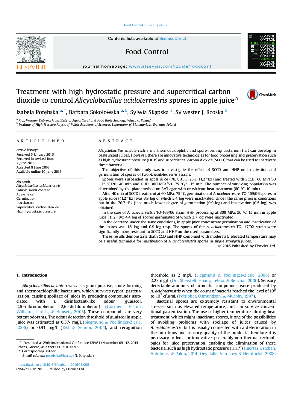 درمان با فشار هیدرواستاتیک بالا و دی اکسید کربن فوق بحرانی برای کنترل اسپورهای Alicyclobacillus acidoterrestris در آب سیب