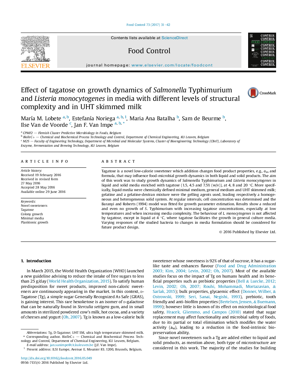 Effect of tagatose on growth dynamics of Salmonella Typhimurium and Listeria monocytogenes in media with different levels of structural complexity and in UHT skimmed milk