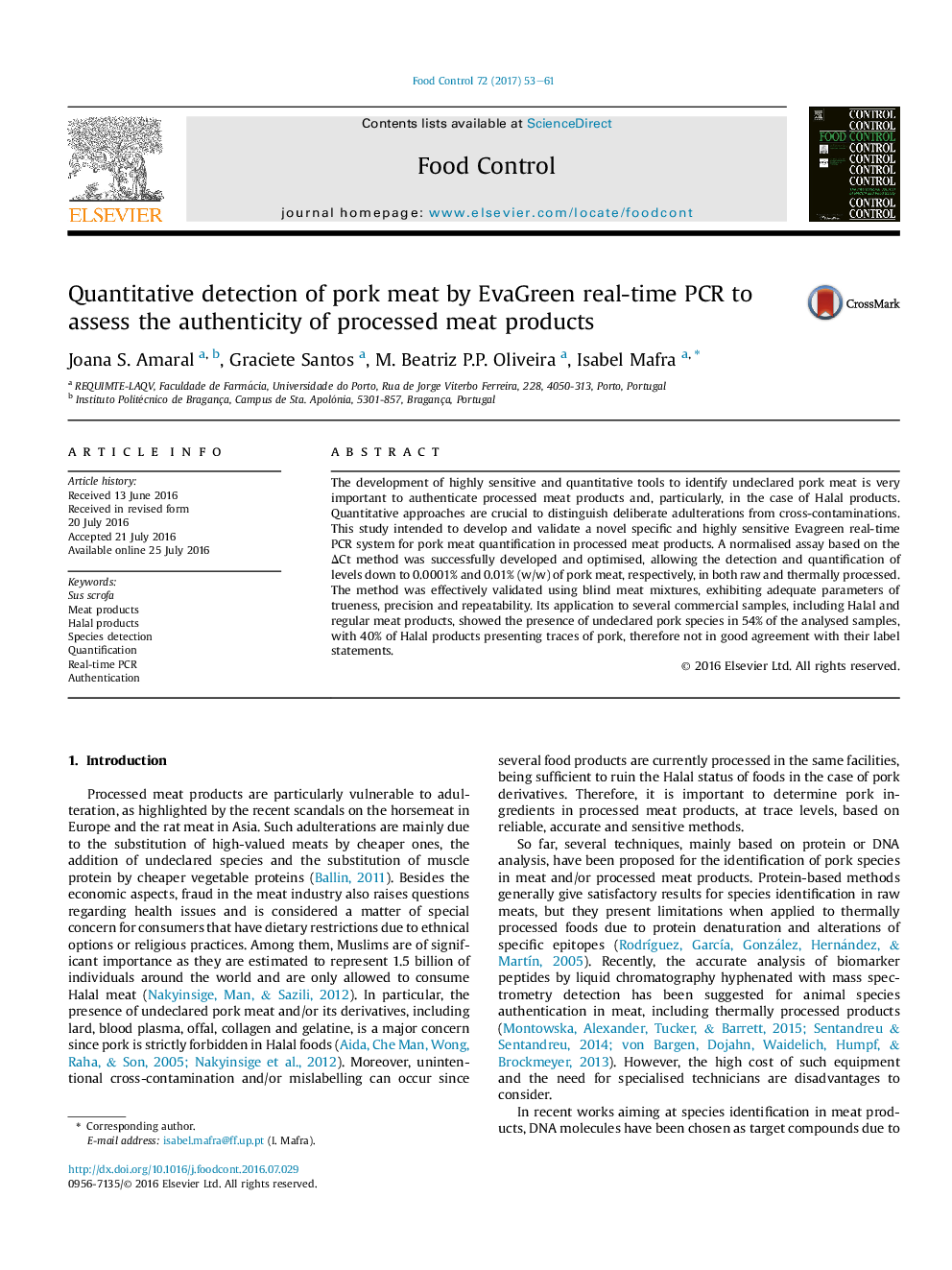 Quantitative detection of pork meat by EvaGreen real-time PCR to assess the authenticity of processed meat products