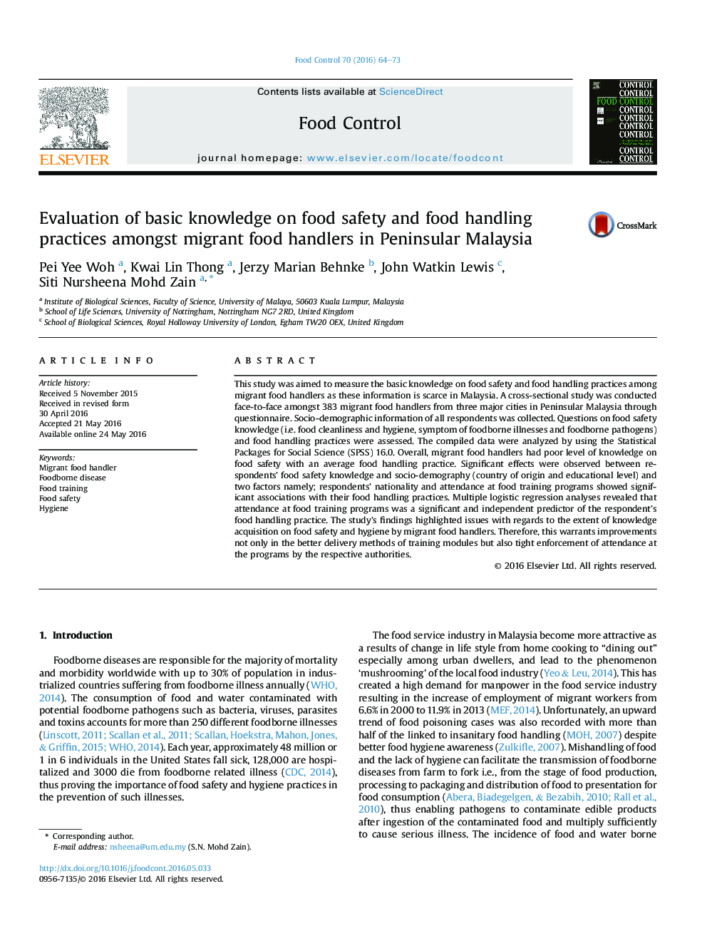 ارزیابی دانش پایه در مورد ایمنی مواد غذایی و شیوه های مدیریت مواد غذایی در میان مواد غذایی مهاجر در مالزی جزیره 
